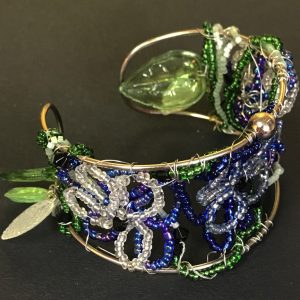 Blue Flower and Leaves Beaded Cuff Bracelet - Image 2