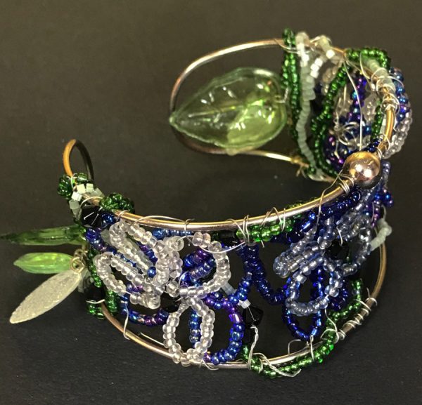 Blue Flower and Leaves Beaded Cuff Bracelet - Image 2