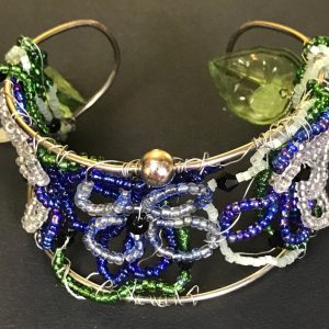 Blue Flower and Leaves Beaded Cuff Bracelet