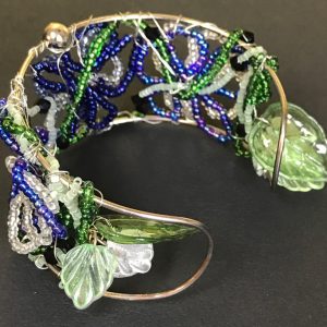 Blue Flower and Leaves Beaded Cuff Bracelet - Image 3