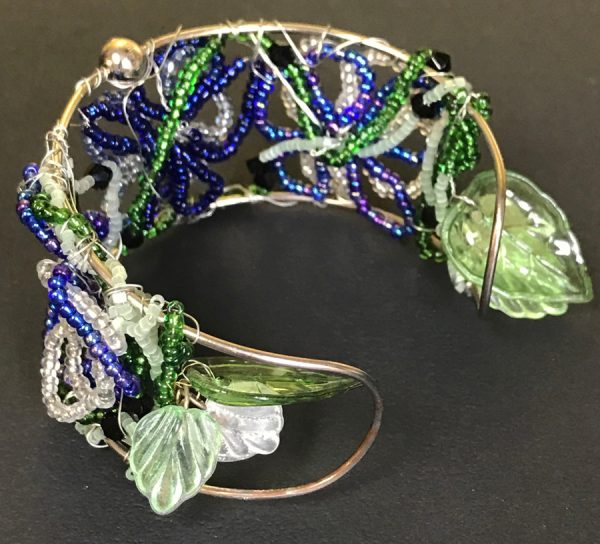 Blue Flower and Leaves Beaded Cuff Bracelet - Image 3