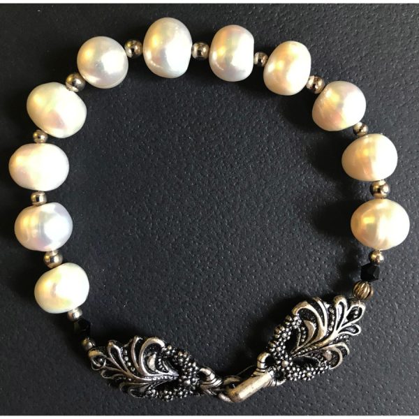 White Pearl and Black Crystal Bracelet
