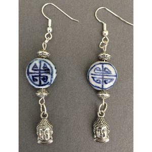 Asian Delft and Silver Buddha Earrings