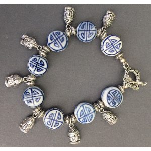 Asian Delft and Silver Buddha Bracelet