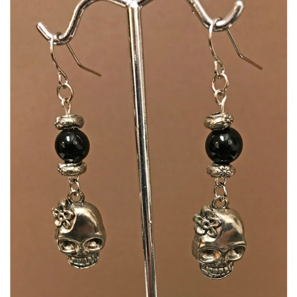 Silver Flower Skull Earrings