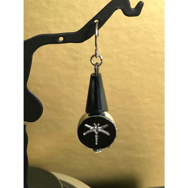 Rhinestone Dragonfly and Black Crystal Earrings - Image 2