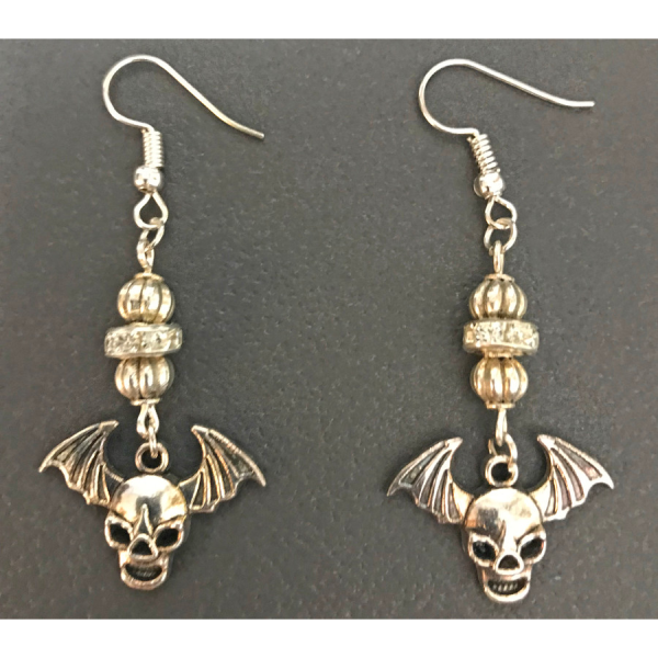 Silver Winged Skull and Rhinestones Earrings