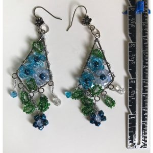 Wire Wrapped Blue Floral Dangle Earrings