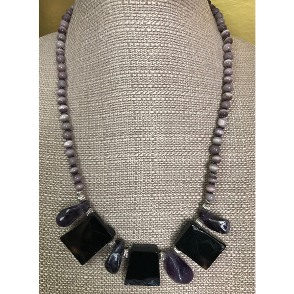 Amethyst, Obsidian, and Austrian Cats’ Eye Necklace