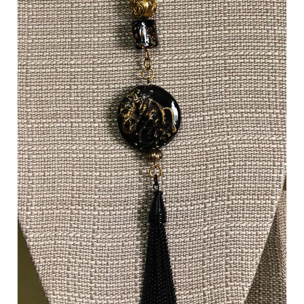 Black Ceramic Bead and Metal Tassel Necklace - Image 2