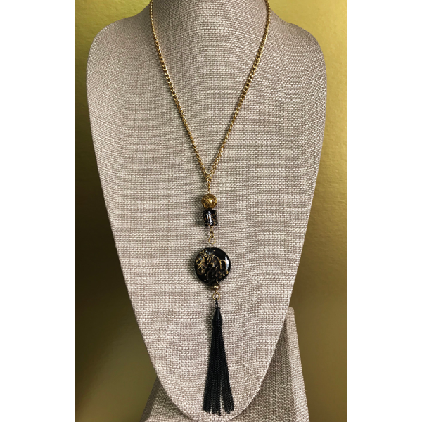 Black Ceramic Bead and Metal Tassel Necklace