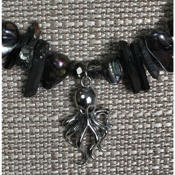 Black Pearl, Crystal, and Octopus Necklace - Image 3
