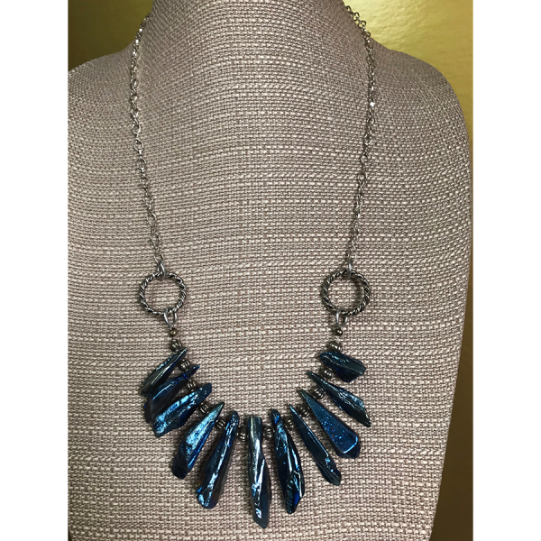 Blue Crystal and Silver Fan Necklace