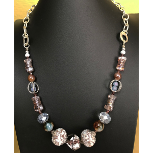 Blue and Brown Crystal Necklace in Silver