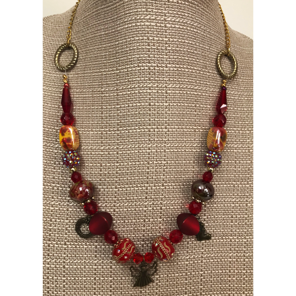 Brass Christmas Angel and Red Bead Necklace