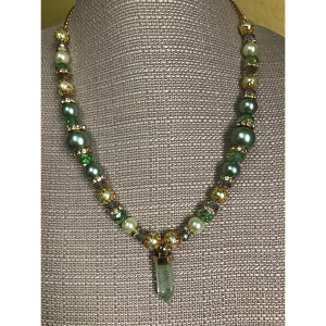 Fluorite Crystal, Rhinestone, and Green Crystal Necklace