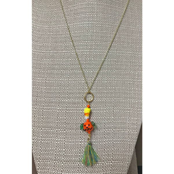 Glass Pumpkin and Candy Corn Tassel Necklace