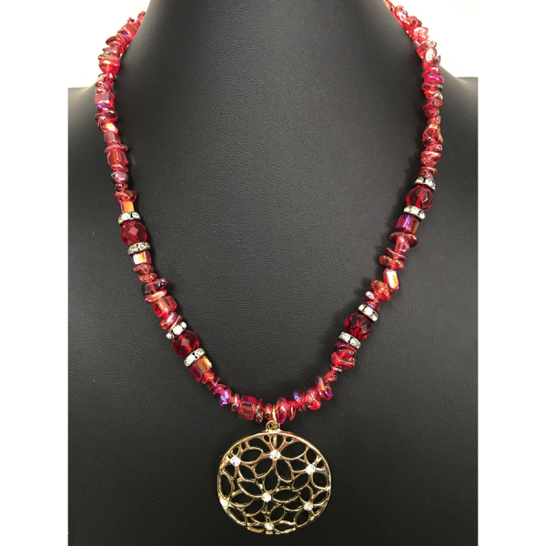 Gold Poinsettia and Red Crystal Necklace