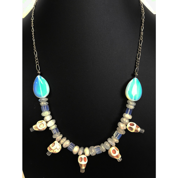 Opal and Moonstone Skull Necklace