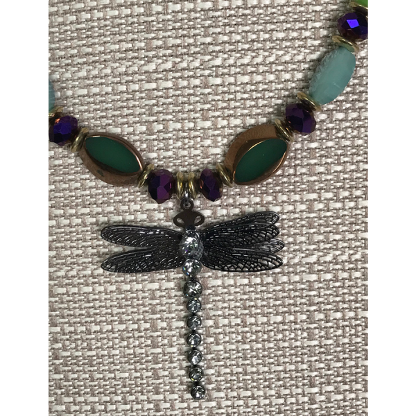 Rhinestone Dragonfly & Green Bead & Crystal Necklace - Image 3