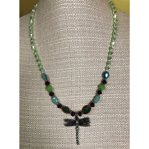 Rhinestone Dragonfly & Green Bead & Crystal Necklace
