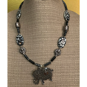Silver Elephant, Obsidian and Animal Print Necklace