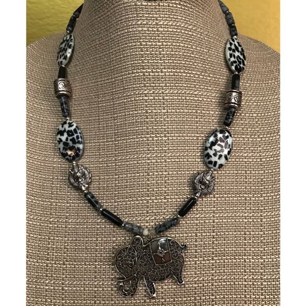 Silver Elephant, Obsidian and Animal Print Necklace