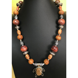 Sterling Silver, Amber Turtle and Wooden Beads Necklace