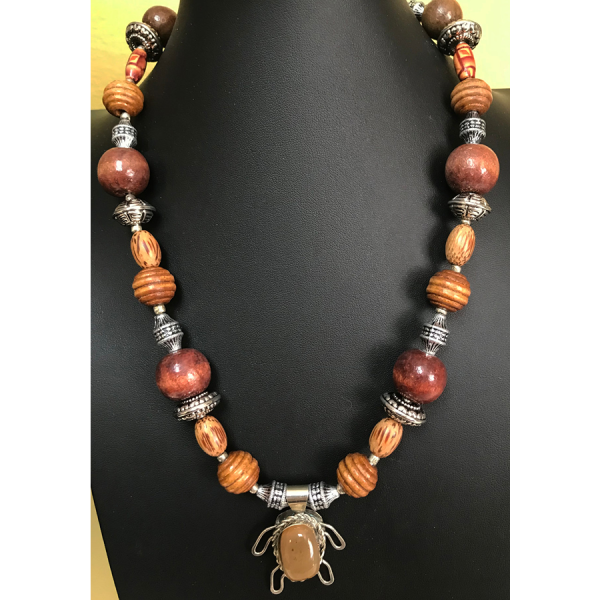 Sterling Silver, Amber Turtle and Wooden Beads Necklace