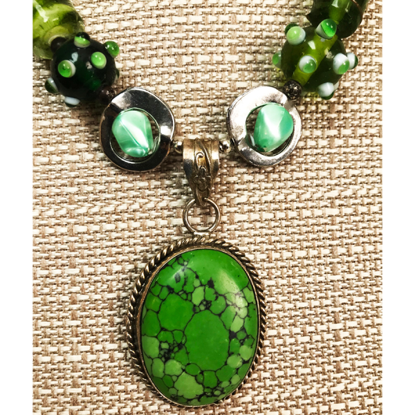 Sterling Silver, Moss Agate, and Blown Glass Beads Necklace - Image 2