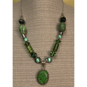 Sterling Silver, Moss Agate, and Blown Glass Beads Necklace