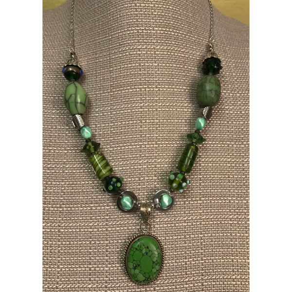 Sterling Silver, Moss Agate, and Blown Glass Beads Necklace