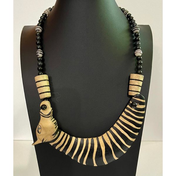 Wooden Carved Zebra Necklace with Earrings