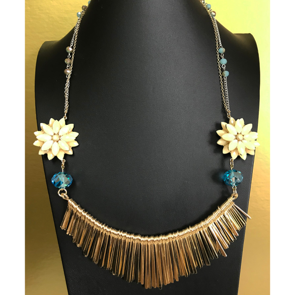 Yellow Flower and Blue Crystal Fan Necklace